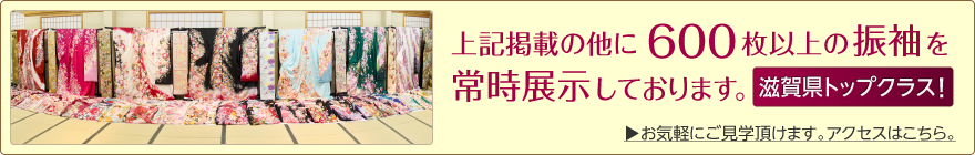 上記掲載の他に500枚以上の振袖を常時展示しております。滋賀県トップクラス！